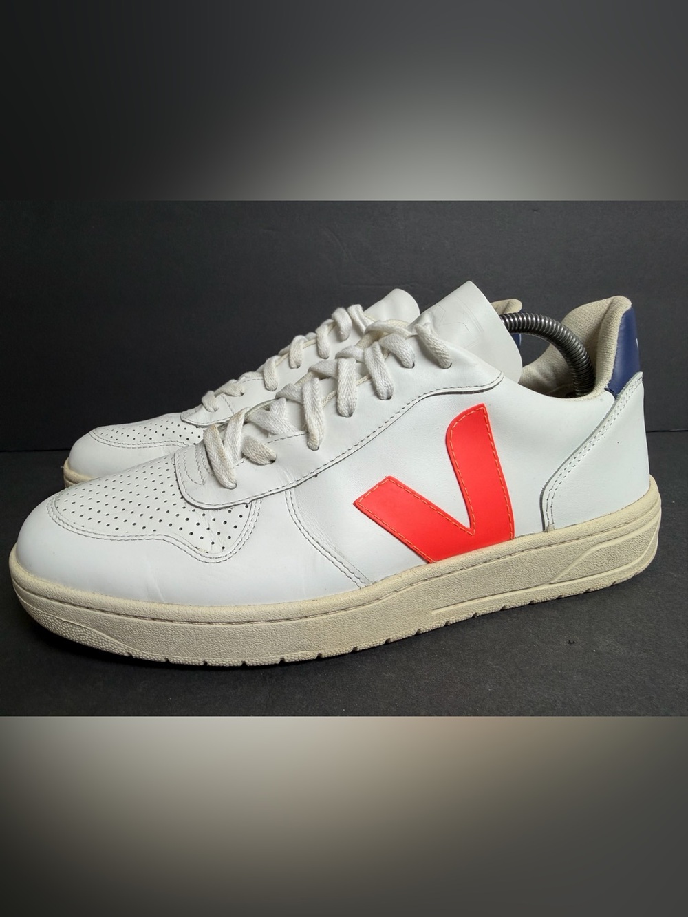 Veja V-10 Leather 'White Orange Fluo Combalt' Men’s Sneakers Size 10 CLEAN
